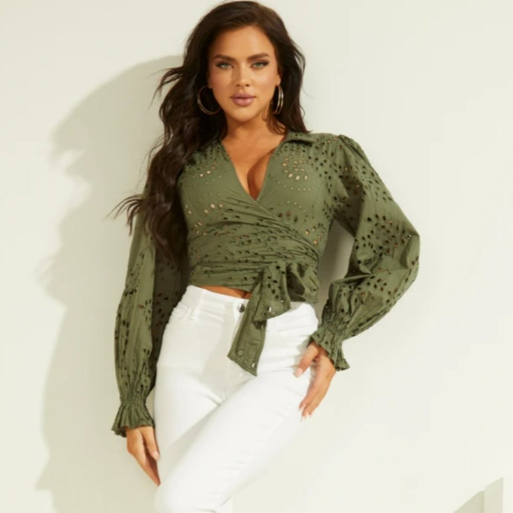 Guess Lichen leaf green multi LS kamy tie front top